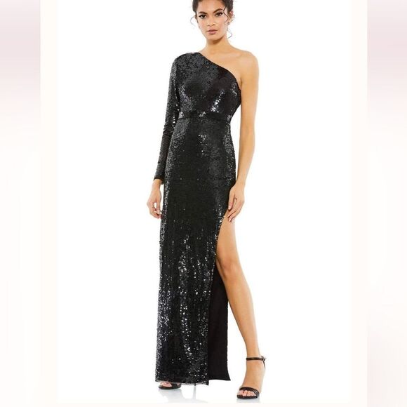 Mac Duggal 10788 SEQUINED ONE SLEEVE HIGH SLIT GOWN Black One-Shoulder Dress  2 - Picture 1 of 9